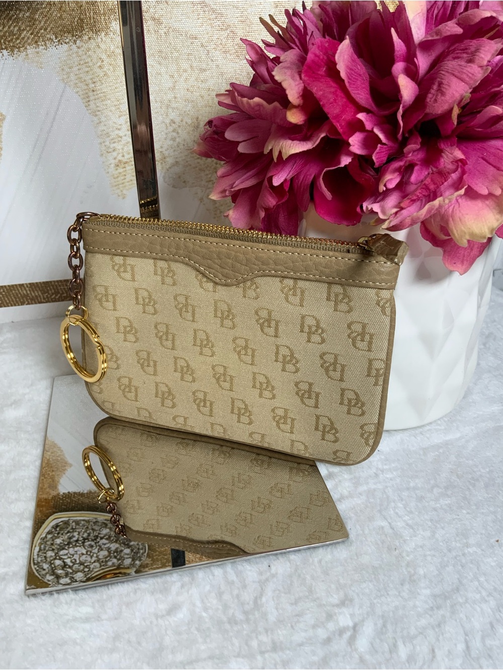 Dooney & Bourke Tan Monogram Wristlet with Gold Ring